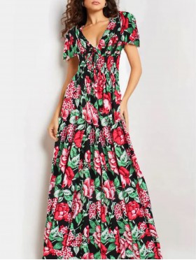Floral V -Neck Short Sleeved Summer Dress